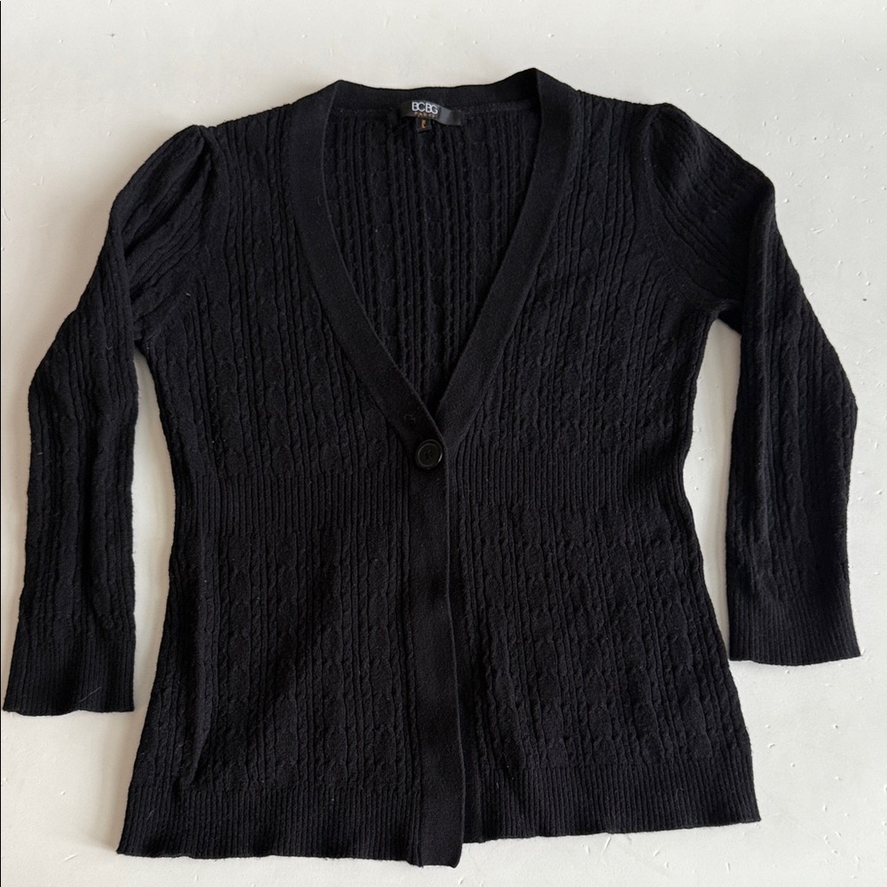 BCBG Black Knit One Button Lightweight 3/4 length Sleeve Cardigan Medium